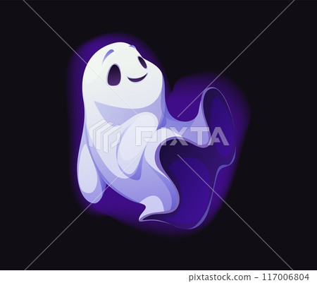 Cartoon Halloween ghost character, scary spooky personage, horror evil monster. Adorable vector smiling phantom with a mischievous charm, playfully frightens adding friendly twist to the holiday night 117006804