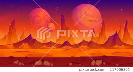 Space red planet surface, mars desert and mountains landscape with craters under a starry night sky. Vector game level scene, otherworldly background with alien Martian terrain and large moons above 117006805