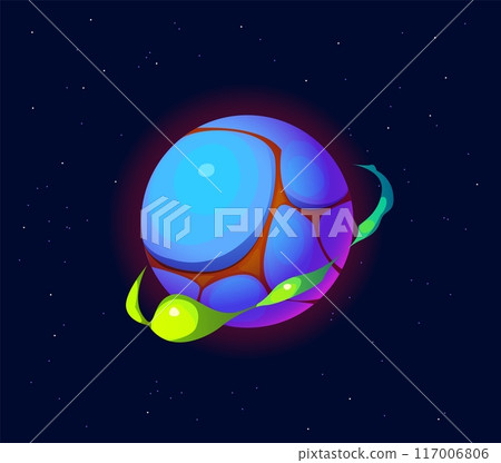 Cartoon fantasy alien space planet, galaxy game asset with a smooth blue surface wrapped by glowing green tendrils. Vector fantastical unknown world, surreal and otherworldly spherical celestial body 117006806