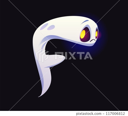 Letter F Halloween ghost font, scary typeface, horror evil type, spooky monster alphabet. Vector sad and unhappy spook, holiday kid abc character, floating phantom in the shape of typography symbol 117006812