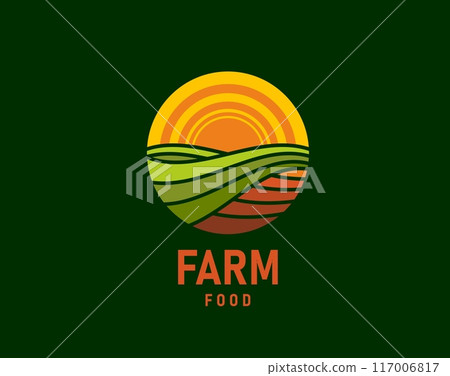 Agriculture farm field icon rural landscape. Isolated vector round emblem for natural organic food harvest, fresh healthy farmer market eco products. Ranch with green meadow and sun inside of circle 117006817