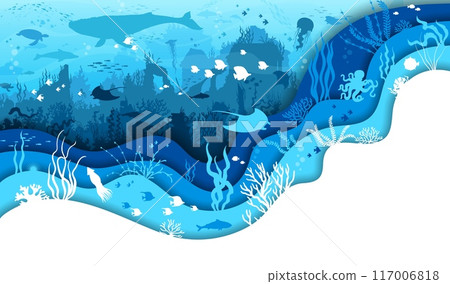 Paper cut underwater landscape with corals and reefs, seaweeds and sea animals. Manta ray, fish shoal, jellyfish, whale, and octopus silhouettes. 3d vector ocean depths scene inside of wavy frame 117006818