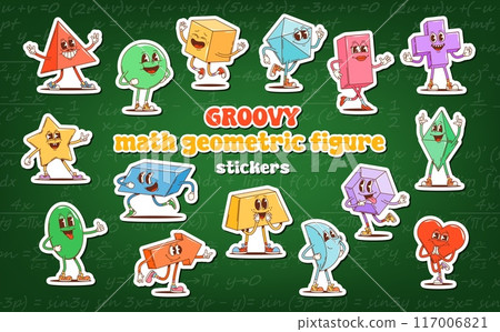 Groovy math figure characters stickers pack. Vector collection of vibrant geometric figures or shape personages against a green chalkboard background filled with algebraic or mathematical equations Groovy math figure characters stickers pack. Vector collection of vibrant geometric figures or shape personages against a green chalkboard background filled with algebraic or mathematical equations 117006821