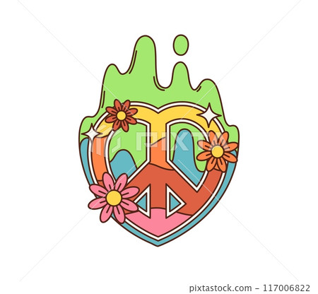 Cartoon retro groovy hippie peace sign. Isolated vector vibrant emblem with daisy flowers and psychedelic rainbow splashes. Iconic symbol of unity, harmony, love and non-violence, embodying 60s vibes 117006822