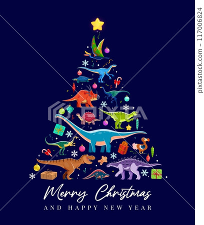 Christmas holiday dinosaurs tree with Xmas gifts, balls, snow and star, vector Merry Christmas and New Year holidays. Cartoon tyrannosaurus, styracosaurus and eoraptor, jurassic dinosaurs Xmas tree 117006824