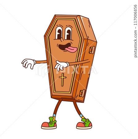 Retro groovy Halloween coffin character character. Isolated cartoon vector funny wooden casket, hearse or shell death personage wander with spooky and funny expression during party night celebration Retro groovy Halloween coffin character character. Isolated cartoon vector funny wooden casket, hearse or shell death personage wander with spooky and funny expression during party night celebration 117006856