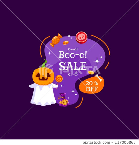 Halloween sale banner with holiday sweets and candy, kawaii ghost, amoeba blob and pumpkin. Isolated vector festive sale badge, or tag with cute adorable spook donning jack lantern mask and lollipop 117006865