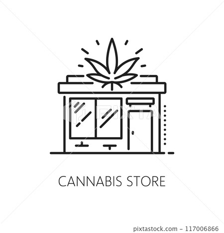 Cannabis store line icon for CBD and marijuana weed extract, vector symbol. Medical cannabis sativa drug store or CBD pharmacy shop and coffeeshop linear icon with marijuana leaf for weed smoking Cannabis store line icon for CBD and marijuana weed extract, vector symbol. Medical cannabis sativa drug store or CBD pharmacy shop and coffeeshop linear icon with marijuana leaf for weed smoking 117006866