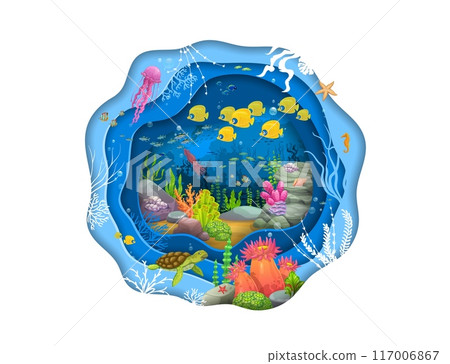 Paper cut underwater landscape with seaweeds, fish shoal, jellyfish and turtle. Cartoon tropical sea bottom with vibrant coral reef. Colorful 3d vector papercut undersea scene inside of layered frame 117006867