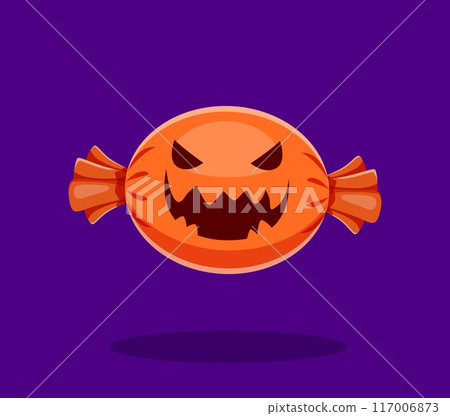 Halloween font, pumpkin dash or punctuation mark for horror alphabet, cartoon vector. Halloween font punctuation sign of dash or hyphen as scary pumpkin candy character with creepy laughing grim smile 117006873