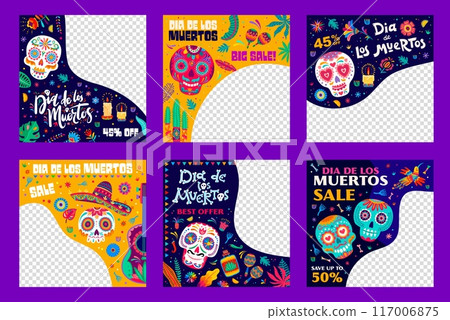 Mexican dia de los muertos day of the dead holiday sale banners. Empty vector frames or promo backgrounds, featuring colorful calavera skulls, tropical flowers, sombrero and maracas in alebrije style 117006875