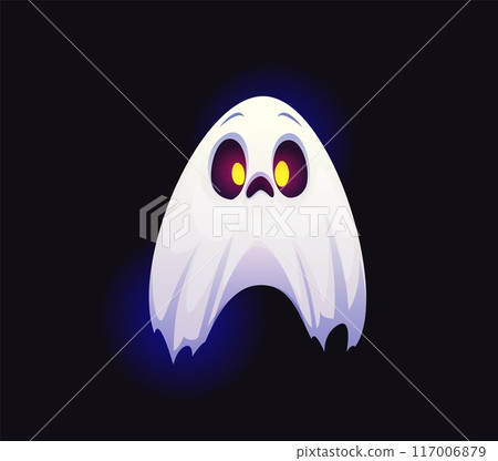 Letter A Halloween ghost font, scary typeface, horror evil type, spooky monster alphabet. Vector holiday kid abc, spook typography character floating with glowing yellow eyes and sad face expression 117006879