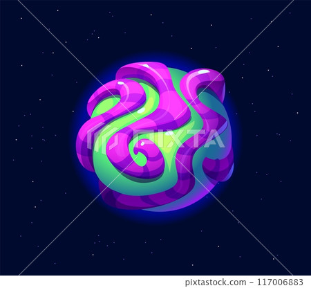 Cartoon fantasy galaxy alien space planet. Vector whimsical, vibrant orb with swirling green and purple wavy structures wrapping around its surface. Unusual, glossy, candy-like sphere at starry sky 117006883