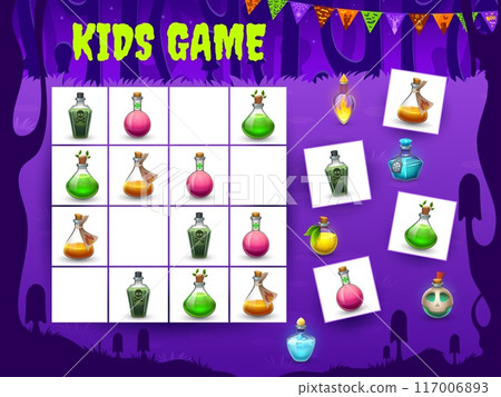 Halloween kids sudoku game with potion bottles. Kids logic quiz, intelligence riddle or Halloween sudoku puzzle vector worksheet with magic potion flask and bottles on night forest meadow background 117006893