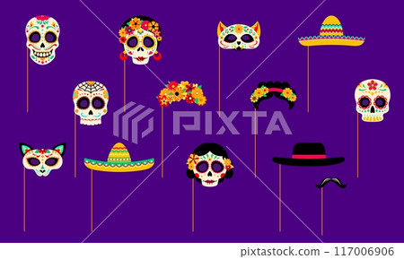 Mexican dead day photo booth masks with props. Dia de los muertos holiday set of skulls, sombrero, floral wreath, mustaches and cats. Vector spooky smiles and skeletal grins for afterlife celebration 117006906