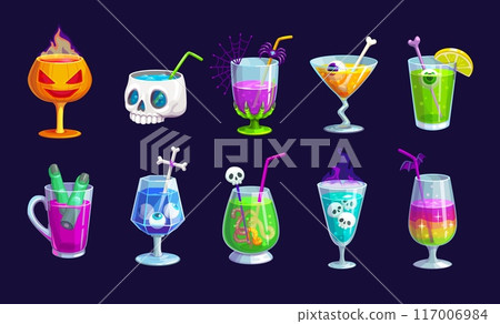 Halloween holiday party cocktail drinks for bar menu in spooky glasses, cartoon vector. Halloween cocktail drinks and soda beverages in skull or scary pumpkin glass with finger, eye or spider ice 117006984
