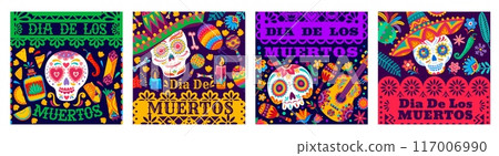Mexican Day of the Dead Dia De Los Muertos holiday square banners. Vector sugar calavera skulls, guitars and maracas, sombrero hats, candles, tequila and festive food with paper cut papel picado flags Mexican Day of the Dead Dia De Los Muertos holiday square banners. Vector sugar calavera skulls, guitars and maracas, sombrero hats, candles, tequila and festive food with paper cut papel picado flags 117006990