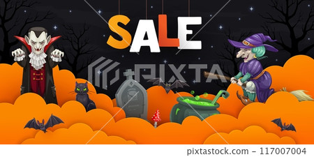 Halloween paper cut sale banner with horror night holiday characters, vector background. Halloween discount or sale promotion banner with witch on broom, Dracula vampire in orange paper cut clouds 117007004