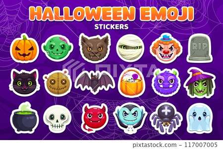 Halloween emoji stickers fun collection featuring characters like pumpkin, zombie, bat and witch. Monster, tombstone, cat and cauldron, skull, devil, clown, vampire or spider with spooky expressions 117007005