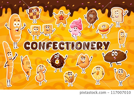 Cartoon funny bakery and pastry characters stickers pack. Vector baked goods like bread, croissant, cupcake and baguette. Checkerboard and star-shaped cookies, donut, macaron and cracker confectionery 117007010
