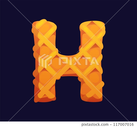 Letter H waffle cartoon candy and confectionery alphabet, sweets typeface font, cookie type. Isolated vector typography with wafer cross-hatch pattern, warm, golden-brown color and textured surface 117007016
