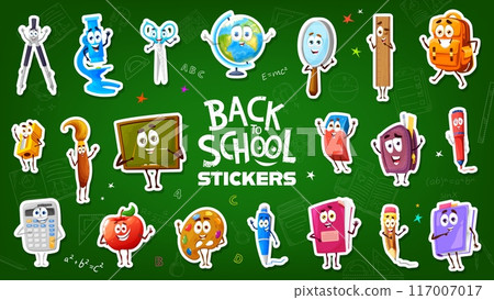 School stationery characters stickers. Cheerful set of back-to-school patches. Globe, microscope and pencil case. Blackboard, magnifying glass, crayon and notebook exudes friendly and welcoming vibe School stationery characters stickers. Cheerful set of back-to-school patches. Globe, microscope and pencil case. Blackboard, magnifying glass, crayon and notebook exudes friendly and welcoming vibe 117007017
