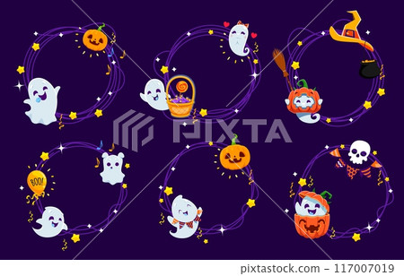 Halloween holiday frames with kawaii ghosts and pumpkin, vector borders. Halloween and trick or treat party circle frames with cartoon spooky skull, cute boo ghost and witch cauldron for greeting card 117007019
