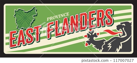 East Flanders Belgian region Belgium travel plate or sticker, vector. Belgium city tin sign or luggage tag with Belgian heraldic symbol black lion coat of arms and tourism sightseeing, territory map 117007027