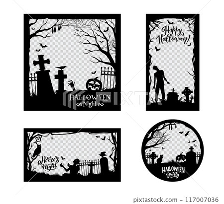 Halloween social media post frame template for holiday horror night, vector silhouette borders. Halloween zombie hand and spooky pumpkin, tombstone and raven on cemetery for horror night media post Halloween social media post frame template for holiday horror night, vector silhouette borders. Halloween zombie hand and spooky pumpkin, tombstone and raven on cemetery for horror night media post 117007036