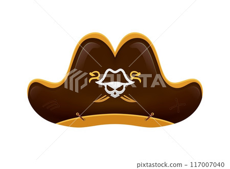 Cartoon pirate hat, corsair captain tricorn. Vector classic cap in chocolate brown with golden trim, skull and crossed sabers emblem, embodying the adventurous spirit of a filibuster on the high seas 117007040