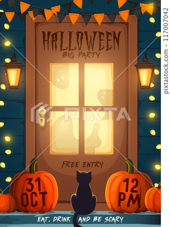 Halloween party flyer with decorated holiday door porch and black cat sitting between pumpkins with garlands and light decor above. Vector invitation poster for celebration trick or treat horror night Halloween party flyer with decorated holiday door porch and black cat sitting between pumpkins with garlands and light decor above. Vector invitation poster for celebration trick or treat horror night 117007042