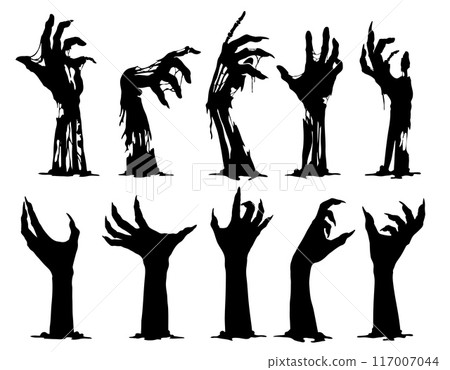 Halloween zombie hands silhouettes, vector horror holiday. Scary monsters arms reaching out from cemetery grave ground. Evil dead man, spooky graveyard ghost or demon black hands with creepy fingers 117007044
