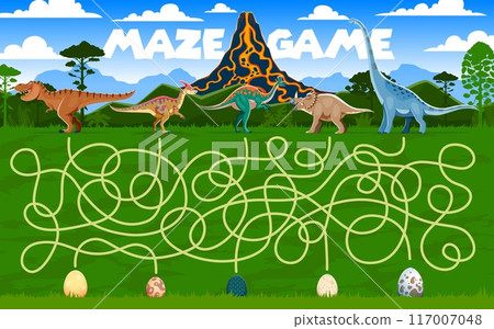 Kids labyrinth maze game, help to dinosaur mother find her kid egg. Vector worksheet with ancient dino mom reptiles search their children at tangled path with erupting volcano and Jurassic landscape Kids labyrinth maze game, help to dinosaur mother find her kid egg. Vector worksheet with ancient dino mom reptiles search their children at tangled path with erupting volcano and Jurassic landscape 117007048