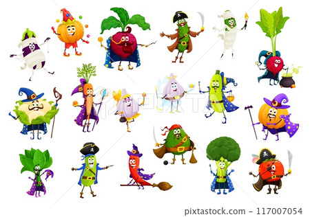 Cartoon Halloween vegetable characters. Vector eggplant, pumpkin, beetroot or cucumber. Cauliflower, radish, carrot, garlic and squash. Spinach, avocado, chili pepper and broccoli or tomato personages Cartoon Halloween vegetable characters. Vector eggplant, pumpkin, beetroot or cucumber. Cauliflower, radish, carrot, garlic and squash. Spinach, avocado, chili pepper and broccoli or tomato personages 117007054