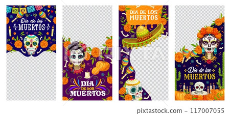 Social media post templates, Day of the Dead mexican holiday frames with marigold flowers and calavera sugar skulls. Mexico Halloween vector social media banners of cartoon skulls, sombrero, maracas Social media post templates, Day of the Dead mexican holiday frames with marigold flowers and calavera sugar skulls. Mexico Halloween vector social media banners of cartoon skulls, sombrero, maracas 117007055