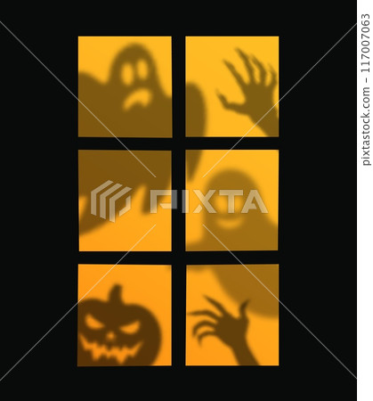 Halloween window silhouettes of ghosts, spooky pumpkin and zombie hands, cartoon vector background. Halloween horror night holiday boo ghosts or poltergeist with creepy pumpkin shadow behind window 117007063