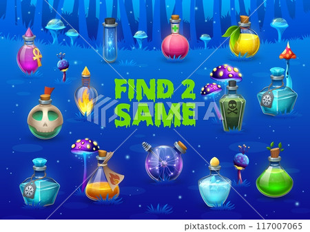 Find two same Halloween magic potion bottles kids game worksheet on fairytale forest vector background. Matching puzzle quiz of Halloween witch potion bottles, magician poison or alchemy elixir flasks 117007065