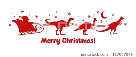 Santa sleigh with dinosaurs silhouette, Merry Christmas vector greeting card. Corythosaurus, pachycephalosaurus and alectrosaurus dinosaur animals pulling sleigh with Santa Claus and Christmas gifts 117007076