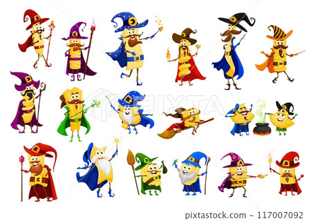 Cartoon Halloween pasta wizard and witch, sorcerer and mage characters. Italian cuisine food vector personages. Cute macaroni with magic hat, wand, magician cape and fireball, witch cauldron and broom 117007092