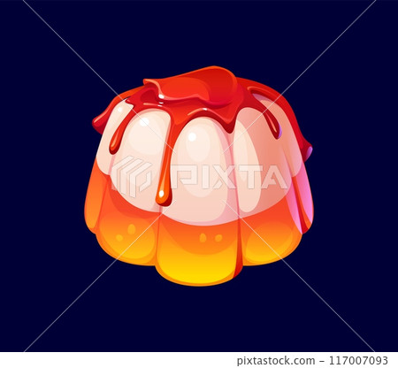 Cartoon panna cotta confectionery and sweet pastry. Vector jelly dessert with soft, smooth, creamy and wobbly texture, topped with vibrant red fruit sauce. Gourmet treat in shades of orange and yellow 117007093