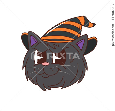 Cartoon groovy Halloween black cat character with expressive eyes and striped witch hat. Isolated vector cute kitten face is giving mischievous look. Spooky and playful festive feline animal personage 117007097