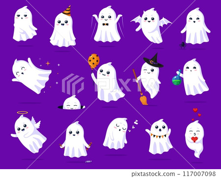 Halloween kawaii ghosts, cute funny boo characters for holiday horror night, vector cartoon monsters. Halloween funny ghost in witch hat with broom, snooze sleeping or in birthday cap and love heart 117007098