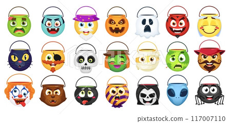 Halloween candy buckets, bags and baskets isolated vector set. Zombie, vampire, wizard and pumpkin. Ghost, devil, angel and black cat with pirate, skull or alien. Witch, mummy, clown or werewolf faces Halloween candy buckets, bags and baskets isolated vector set. Zombie, vampire, wizard and pumpkin. Ghost, devil, angel and black cat with pirate, skull or alien. Witch, mummy, clown or werewolf faces 117007110