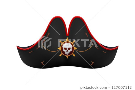 Cartoon pirate hat, corsair captain tricorn adorned with Jolly Roger skull emblem. Isolated vector buccaneer cocked cap with curved brim, accentuating the rover swashbuckling charm on the high seas 117007112