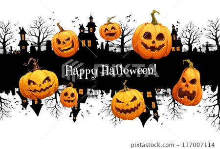 Grunge Halloween banner with abandoned town and scary pumpkins, vector background. Happy Halloween holiday greeting with haunted houses and cemetery tombstones silhouettes in horror night forest 117007114