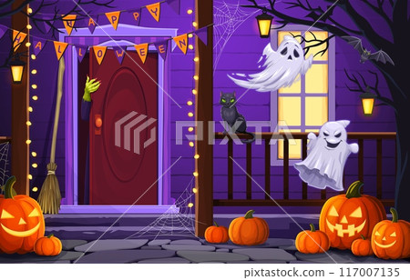 Halloween door porch with scary pumpkins, emerging monster hand, spooky flying ghosts and black cat, witch broom and garland. Vector haunting sinister scene, inviting chills and spine-tingling delight Halloween door porch with scary pumpkins, emerging monster hand, spooky flying ghosts and black cat, witch broom and garland. Vector haunting sinister scene, inviting chills and spine-tingling delight 117007135