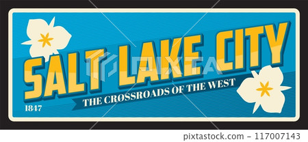 Salt Lake City american USA retro travel plate, vintage tin plaque. United States of America vintage tin sign, vector plate or banner with seal and flag symbol, The crossroads of the west and flowers 117007143