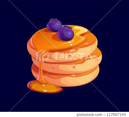 Cartoon stack of pancakes topped with syrup and blueberries. Vector delightful confectionery and sweet pastry. Fresh and tasty golden brown pancakes heap with hy or syrup dripping down the sides 117007145