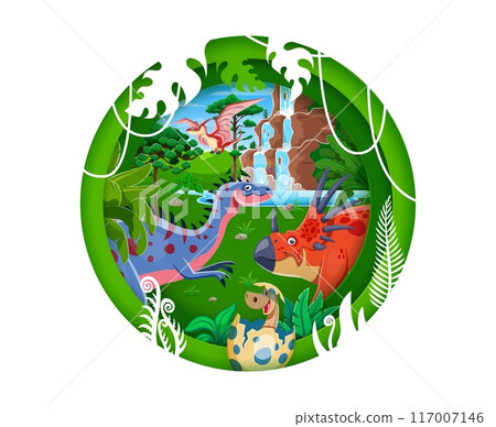 Paper cut prehistoric era landscape with dinosaurs. Cartoon dino characters and tropical jungle forest with waterfall cascade, vines and vivid jurassic nature inside of 3d vector round layered frame 117007146