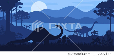 Prehistoric dinosaurs silhouettes at night river landscape, vector background. Jurassic era prehistoric dinosaur lizards and giant dino reptiles with T-rex silhouette in night jungle forest with moon Prehistoric dinosaurs silhouettes at night river landscape, vector background. Jurassic era prehistoric dinosaur lizards and giant dino reptiles with T-rex silhouette in night jungle forest with moon 117007148